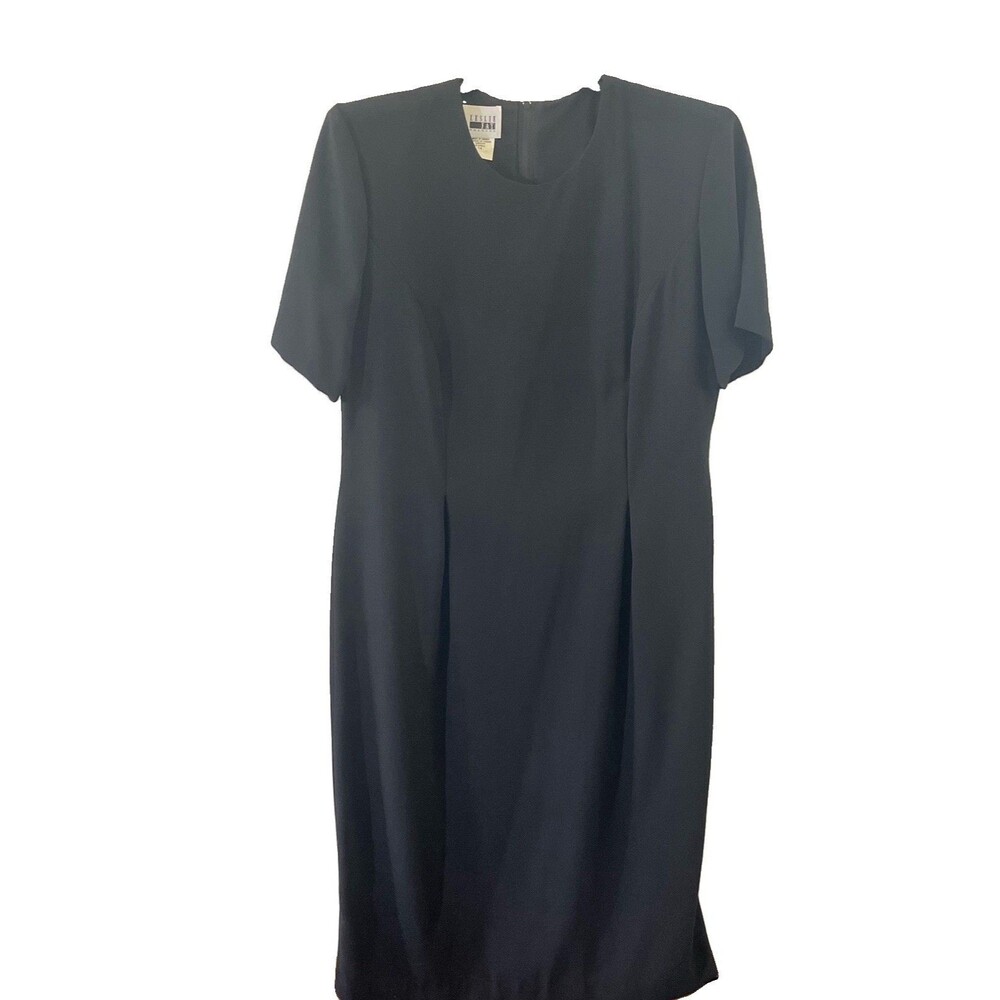 Leslie Fay Black Short Sleeve Sheath Dress Classic Little Black Dress Crepe Sz14